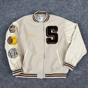 H&M Varsity Jacket Mens Size M Beige Smiley Originals Faux Leather Sleeve Bomber
